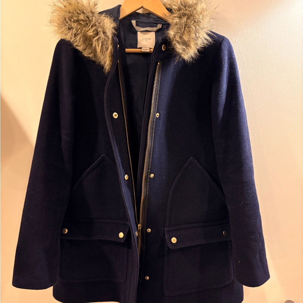 J. Crew Factory Dark Blue Utility Jacket with Faux Fur Hood